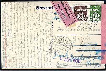 5 øre og 10 øre Bølgelinie på brevkort (Hornviken-Nordkap med skibe) fra Dyssekilde d. 23.7.1930 til postlagend (poste restante) i Galtür, Østrig. Retur med 2-sproget etiket Nicht behoben via Returpostkontoret.