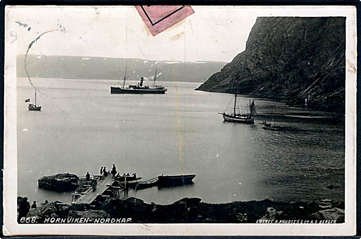 5 øre og 10 øre Bølgelinie på brevkort (Hornviken-Nordkap med skibe) fra Dyssekilde d. 23.7.1930 til postlagend (poste restante) i Galtür, Østrig. Retur med 2-sproget etiket Nicht behoben via Returpostkontoret.