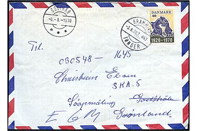 60 øre Genforening 50 år på luftpostbrev fra Gredstedbro annulleret med bureaustempel Bramming - Tønder T.493 d. 3.8.1970 til sømand ombord på opmålingsbåden SKA 5 (Gråspurven) i Godthåb, Grønland - eftersendt fra Godthåb d. 6.8.1970 til Egedesminde.