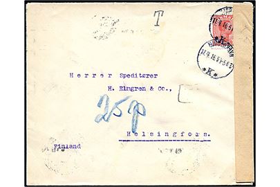 10 øre Chr. X single på underfrankeret brev fra Kjøbenhavn d. 11.4.1916 til Helsingfors, Finland. Udtakseret i finsk 25 p. porto og åbnet af russisk censur i Helsingborg.