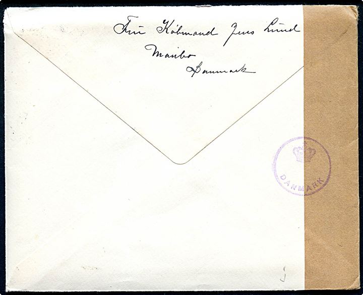 10 øre Chr. X i parstykke på brev fra Maribo d. 22.5.1945 til Göteborg, Sverige. Åbnet af tidlig dansk efterkrigscensur med neutral brun banderole stemplet (krone)/Danmark uden censor-nr.
