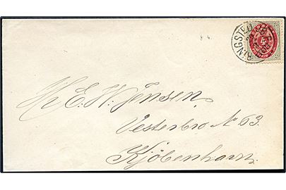 4 sk. Tofarvet 10. tryk på brev annulleret med lapidar Ringsted JB.P. d. 29.3.1874 til Kjøbenhavn.