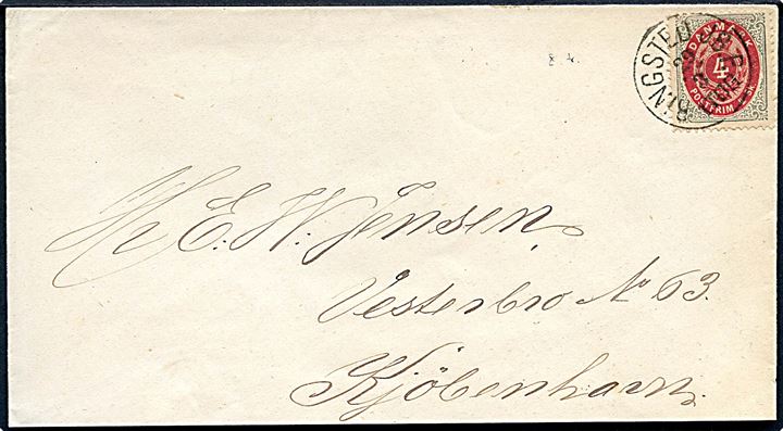 4 sk. Tofarvet 10. tryk på brev annulleret med lapidar Ringsted JB.P. d. 29.3.1874 til Kjøbenhavn.