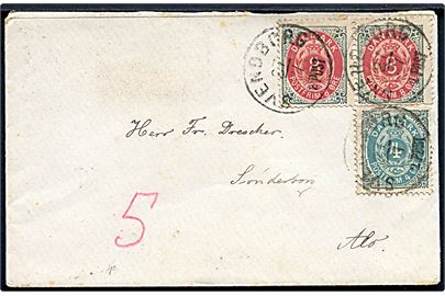 4 øre og 8 øre (par) Tofarvet på brev fra Svendborg d. 27.7.1885 til Sønderborg på Als. 
