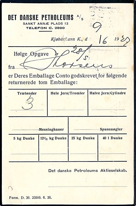 7 øre Bølgelinie med perfin DDPA på fortrykt tryksagskort fra Det danske Petroleums A/S i København d. 9.6.1927 til Brædstrup.