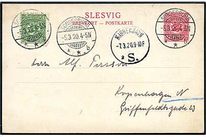 10 pfg. Fælles udg. helsagsbrevkort opfrankeret med 5 pfg. Fælles udg. annulleret Sonderburg **b d. 5.3.1920 til Kjøbenhavn.