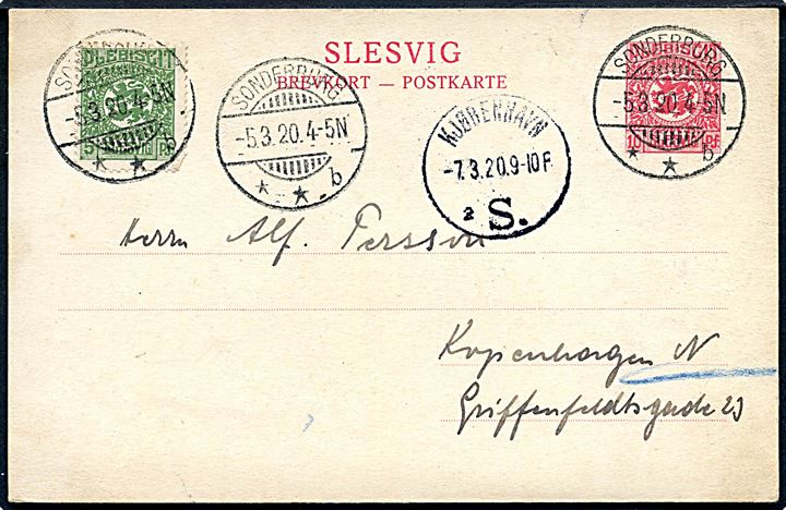 10 pfg. Fælles udg. helsagsbrevkort opfrankeret med 5 pfg. Fælles udg. annulleret Sonderburg **b d. 5.3.1920 til Kjøbenhavn.