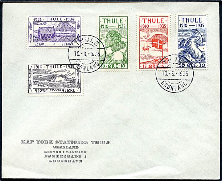 Komplet sæt Thule udg. på Kap York Stationen Thule kuvert stemplet Thule Grønland d. 10.8.1936. Uadresseret.