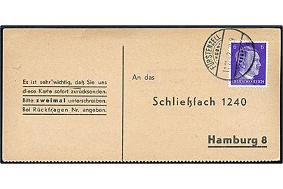 6 pfg. Hitler på kvittering for modtagelse af Liebesgaben-pakke fra diplomat ved ambassaden i Rom stemplet Fürstenzell d. 11.11.1942 til Schilessfach 1240, Hamburg.
