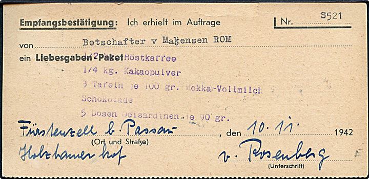6 pfg. Hitler på kvittering for modtagelse af Liebesgaben-pakke fra diplomat ved ambassaden i Rom stemplet Fürstenzell d. 11.11.1942 til Schilessfach 1240, Hamburg.
