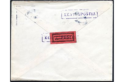 Rød feltpostmærkat på bagsiden af feltpostbrev stemplet Kenttäposti Konttori N.2 d. 28.2.1944 til Gammalby. Fra soldat ved KpK2/5172 (= III AKE).