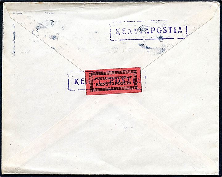 Rød feltpostmærkat på bagsiden af feltpostbrev stemplet Kenttäposti Konttori N.2 d. 28.2.1944 til Gammalby. Fra soldat ved KpK2/5172 (= III AKE).