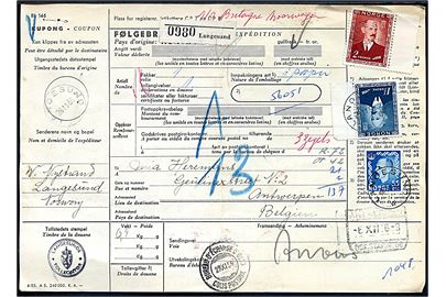 55 øre, 1 kr. og 2 kr. Haakon på internationalt adressekort for pakke fra Langesund d. 28.11.1956 til Antwerpen, Belgien.