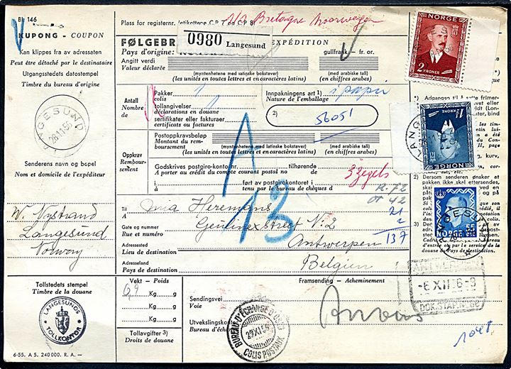 55 øre, 1 kr. og 2 kr. Haakon på internationalt adressekort for pakke fra Langesund d. 28.11.1956 til Antwerpen, Belgien.