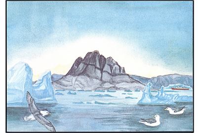 Grønland. Uummannaqfjeldet en forårsaften. Det første miniatureark fra Grønland. Hafniablok I, udgivet d. 16 Oktober 1987. Grønlands Postvæsen no. 6 / 87. 21 x 14,8 cm. 