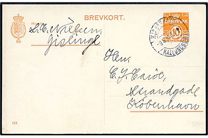 10 øre helsagsbrevkort (fabr. 113) dateret Gislinge og annulleret med bureaustempel Kjøbenhavn - Kallundborg T.174 d. 9.5.1935 til København.