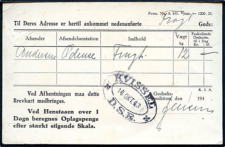15 øre Karavel helsagsbrevkort (fabr. 145) anvendt som adviskort fra De danske Statsbaner i Kvissel d. 14.10.1943 til Aasted. På bagsiden ovalt jernbanestempel KVISSEL * D.S.B. * d. 14.10.1943.