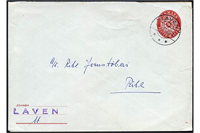30 øre helsagskuvert (fabr. 75) annulleret med brotype IIc Laven d. 6.1.1954 til Ribe. Violet liniestempel: LAVEN. Rift.