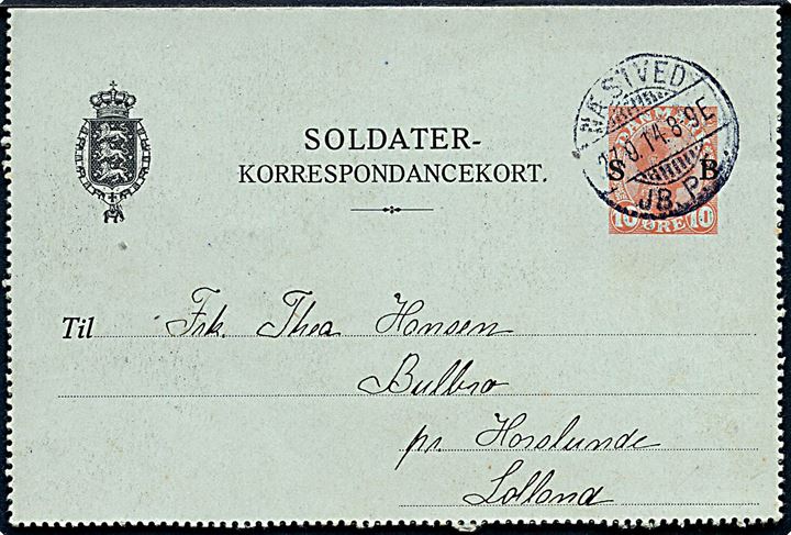 10 øre Chr. X Soldater-Korrespondancekort fra dragon ved 1ste Eskadron i Næstved d. 17.9.1914 til Horslunde.