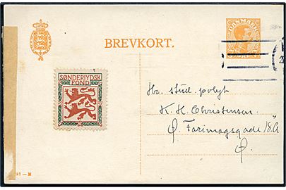 7 øre Chr. X helsagsbrevkort (fabr. 52-M) med Sønderjydsk Fond mærkat dateret 21.12.1919 og sendt lokalt i Kjøbenhavn.