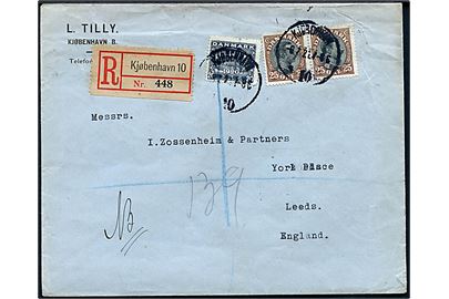 20 øre Genforening og 25 øre Chr. X i parstykke på anbefalet brev fra Kjøbenhavn d. 8.7.1921 via London til Leeds, England.