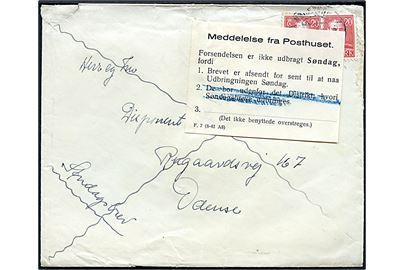 20 øre Chr. X (2) på søndagsbrev fra København d. 4.6.1944 til Odense. Påsat meddelelse F.7 (8-41 A8) vedr. brevet sendt for sent til udbringning søndag.