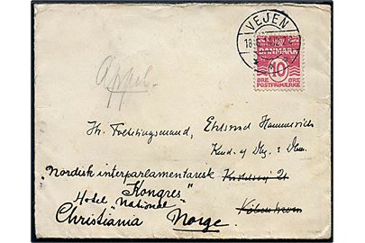 10 øre Bølgelinie på brev annulleret med brotype IIb Vejen d. 18.6.1914 til Folketingsmand Etatsråd Hammerich i København - eftersendt til Nordisk Interparlamentarisk Kongres i Christiania, Norge. 