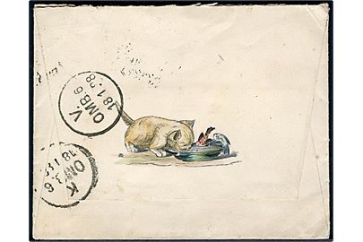 4 øre Tofarvet på illustreret kuvert med tegning af kattekilling og fugle (Signeret OM?) sendt lokalt og annulleret med lapidar Frederiksberg P. d. 18.1.1888 til København. 