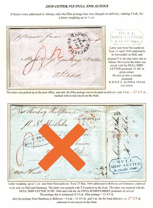 8d prepaid letter from Newcastle-on-Tyne on 13.4.1844 endorsed ”p. steamer from Hull to Hamburg” to Altona. On reverse green transit marking HULL SHIP-LETTER on 15.4.1844 and arrival cds. K.D.O.P.A. Altona on 18.4.1844. Only charged 4 Lsk. = 12 4/5 sk. Elbe postage to be paid by recipient. Ex. Mark Lorentzen.
