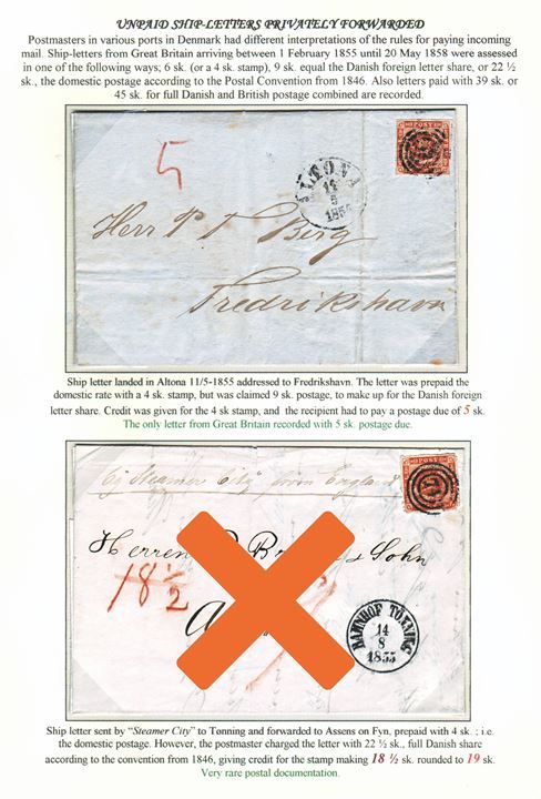 Stampless unpaid ship-letter from Leith landed in Altona and forwarded with 4 sk. Dotted Spandrels tied by numeral “113” from Altona on 11.5.1854 to Frederikshavn, Danmark. Letter charged the Danish foreign letter share of 9 sk. – with a credit of the 4 sk. stamp – and endorsed “5” sk. postage due. Only recorded 5 sk. postage due letter from GB. Ex. Mark Lorentzen.