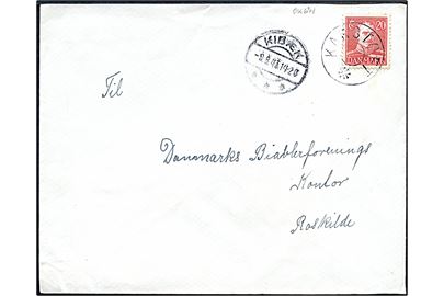 20 øre Chr. X på brev annulleret med udslebet stjernestempel KARSTOFT og sidestemplet Kibæk d. 9.8.1943 til Roskilde.