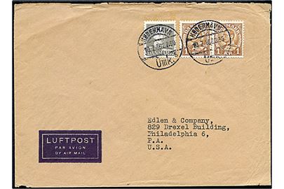 50 øre og 1 kr. (par) Chr. X på luftpostbrev fra København d. 10.7.1946 til Philadelphia, USA.