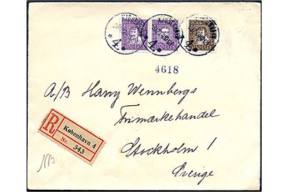 15 øre Chr. IV og Chr. X i sammentryk og 20 øre Chr. IV Postjubilæum udg. på anbefalet brev fra Kjøbenhavn d. 8.12.1924 til Stockholm, Sverige.
