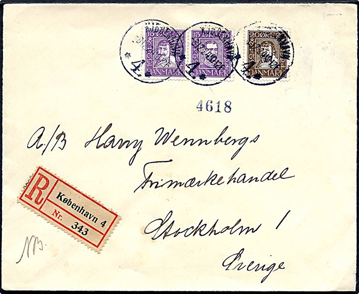 15 øre Chr. IV og Chr. X i sammentryk og 20 øre Chr. IV Postjubilæum udg. på anbefalet brev fra Kjøbenhavn d. 8.12.1924 til Stockholm, Sverige.