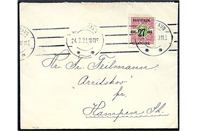 27 ære/5 kr. Provisorium single på overfrankeret brev fra København d. 24.2.1921 til Hampen.