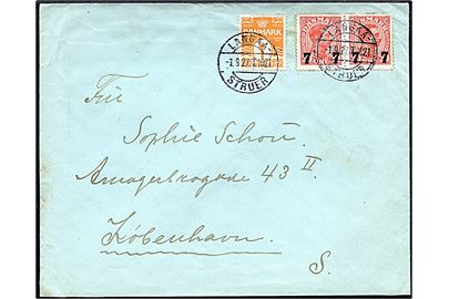 1 øre Bølgelinie og 7/20 øre Provisorium i parstykke på brev fra Skive annulleret med bureaustempel Langaa - Struer T.1021 d. 1.9.1927 til København.