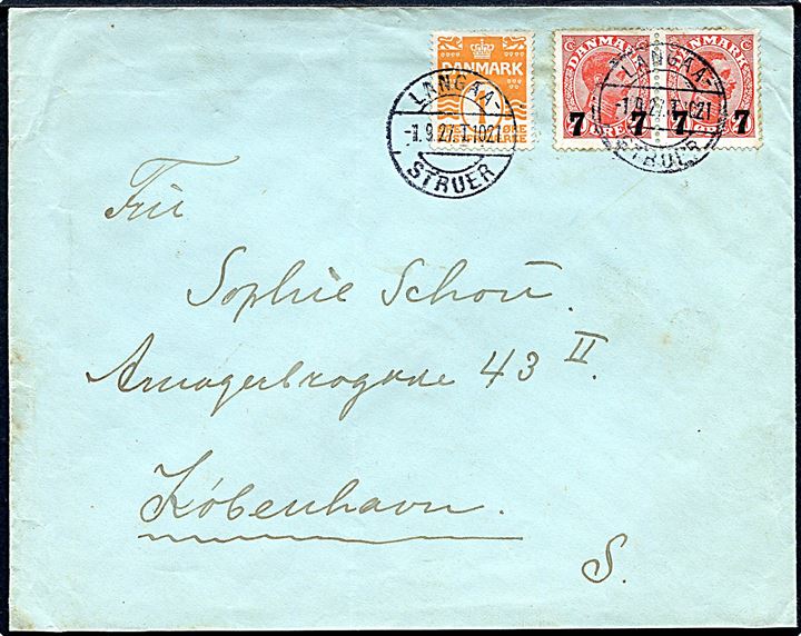 1 øre Bølgelinie og 7/20 øre Provisorium i parstykke på brev fra Skive annulleret med bureaustempel Langaa - Struer T.1021 d. 1.9.1927 til København.