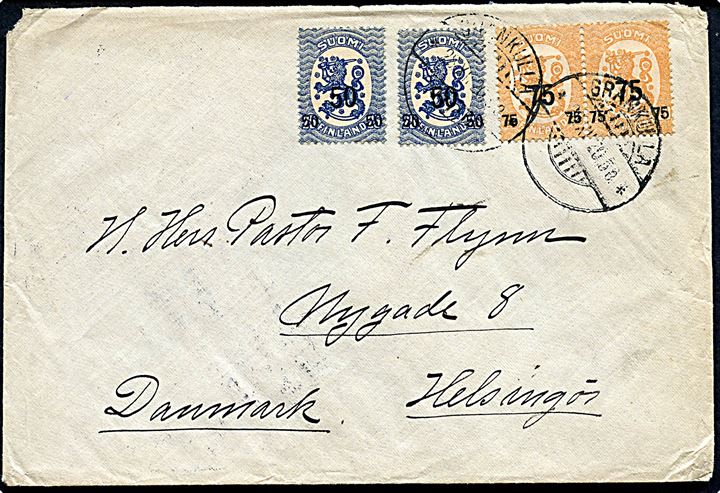 50/25 pen. (2) og 75/20 pen. (par) Provisorium på brev fra Grankulla d. 28.12.1920 til Helsingør, Danmark.