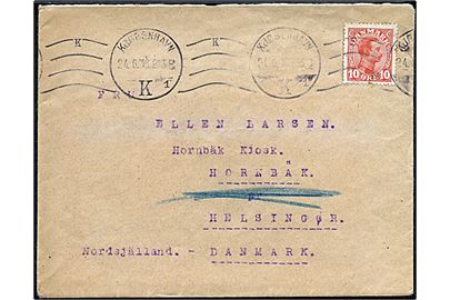 10 øre Chr. X på diplomatisk kurérbrev fra Kgl. Dansk Generalkonsulat i Petrograd (Rusland) annulleret Kjøbenhavn d. 24.6.1916 til Hornbæk. På bagsiden officielt konsulatstempel.