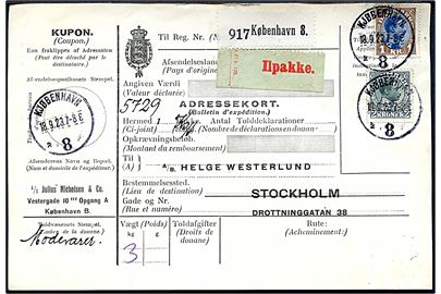 1 kr. og 2 kr. Chr. X på adressekort for ilpakke fra Kjøbenhavn 8 (= Københavns Frihavn) d. 18.9.1923 til Stockholm, Sverige.