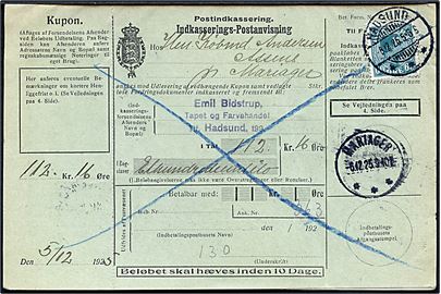 60 øre Chr. X single på retur indkasserings-postanvisning fra Hadsund d. 6.12.1925 til Assens pr. Mariager.