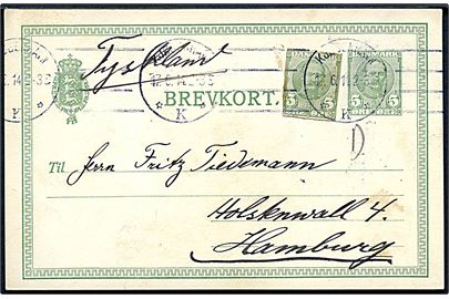5 øre Fr. VIII helsagsbrevkort opfrankeret med 5 øre Fr. VIII helsagsafklip fra Kjøbenhavn d. 17.6.1914 til Hamburg, Tyskland.