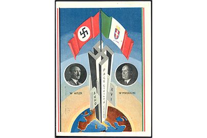 Hitler og Mussolini møde i Italien maj 1938. Propaganda kort frankeret med 2 c. (3) annulleret med forskellige særstempler fra statsbesøget. 