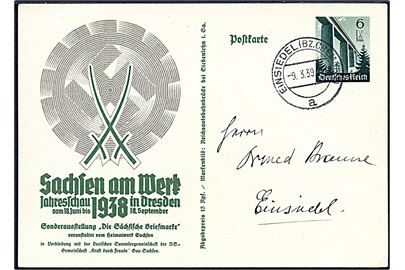 6 pfg. Sachsen am Werk illustreret helsagsbrevkort sendt lokalt i Einsiedel d. 9.3.1939. Uden meddelelse på bagsiden. 