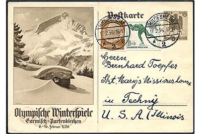 6+4 pfg.illustreret Vinter Olympiade helsagsbrevkort opfrankeret med 3 pfg. Hindenburg og 6+4 pfg. Vinter Olympiade udg. fra Hildesheim d. 17.2.1936 til USA. Lodret fold.