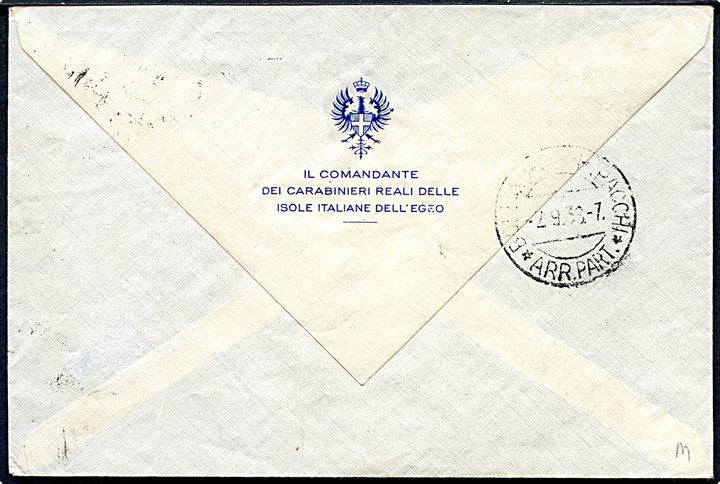 Rhodos. 50 c. (2) på luftpostbrev med militær afsender fra Rodi d. 31.8.1938 til Bolzano, Italien.