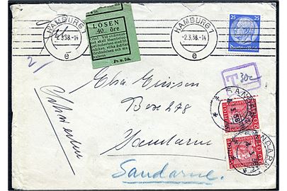 Tysk 25 pfg. Hindenburg på brev fra Hamburg d. 2.3.1938 til Sandarne, Sverige. Udtakseret i svensk porto med grøn Lösen etiket og 20 öre Gustaf i parstykke som portomærker stemplet Sanarne d. 4.3.1938.