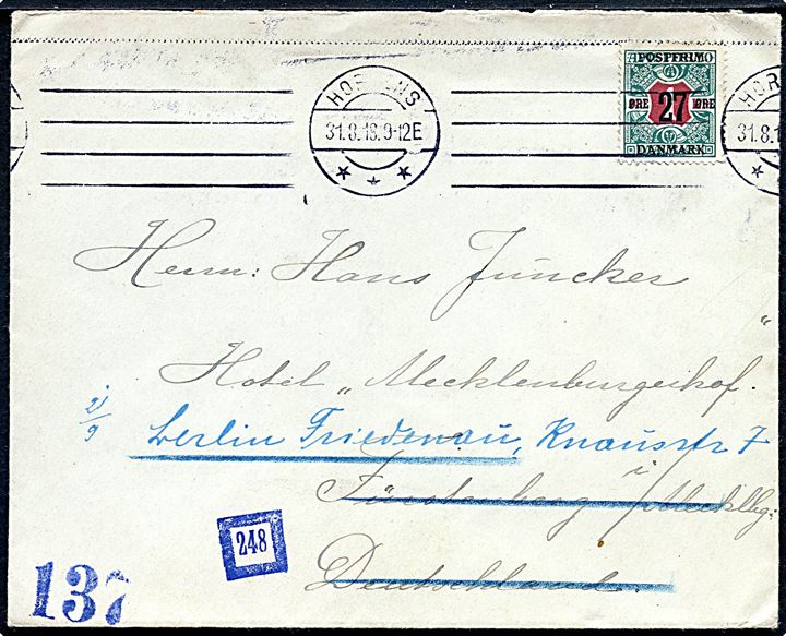 27 øre/1 kr. Provisorium single på brev fra Horsens d. 31.8.1918 til Fürstenberg, Tyskland - eftersendt til Berlin.