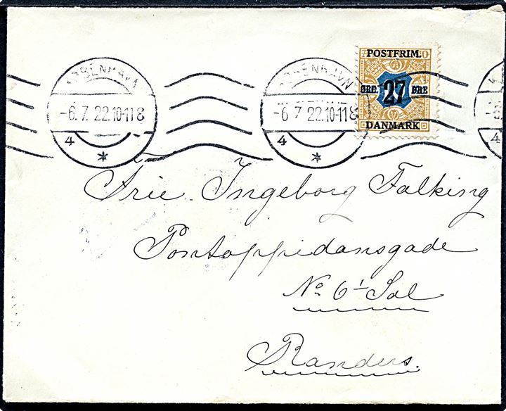 27 øre / 10 kr. Provisorium single på brev fra København d. 6.7.1922 til Randers.