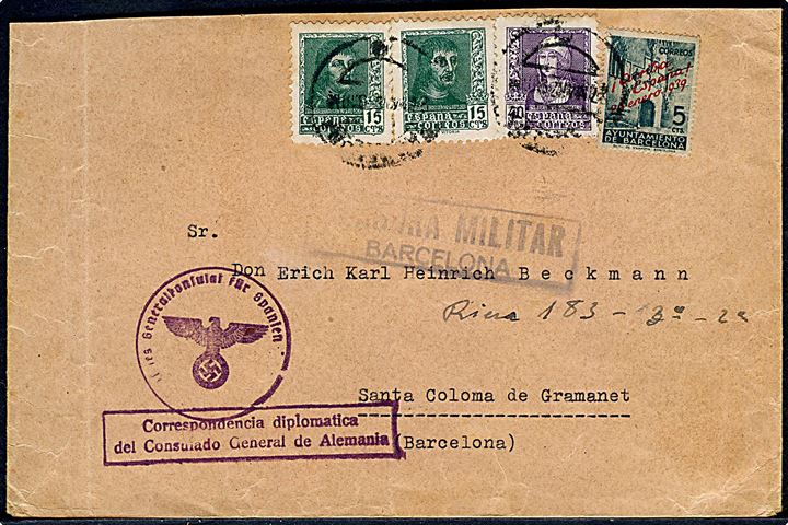 15 cts. (2), 40 cts. og 5 cts. Provisorium på lokalt diplomatbrev fra det tyske generalkonsulat i Barcelona d. 27.5.1939. Lokal censur fra Barcelona.